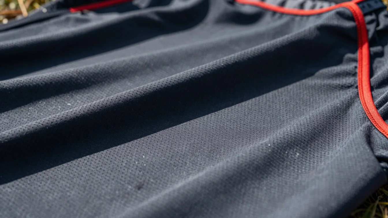 Close-up of lightweight technical sportswear fabric showing micro