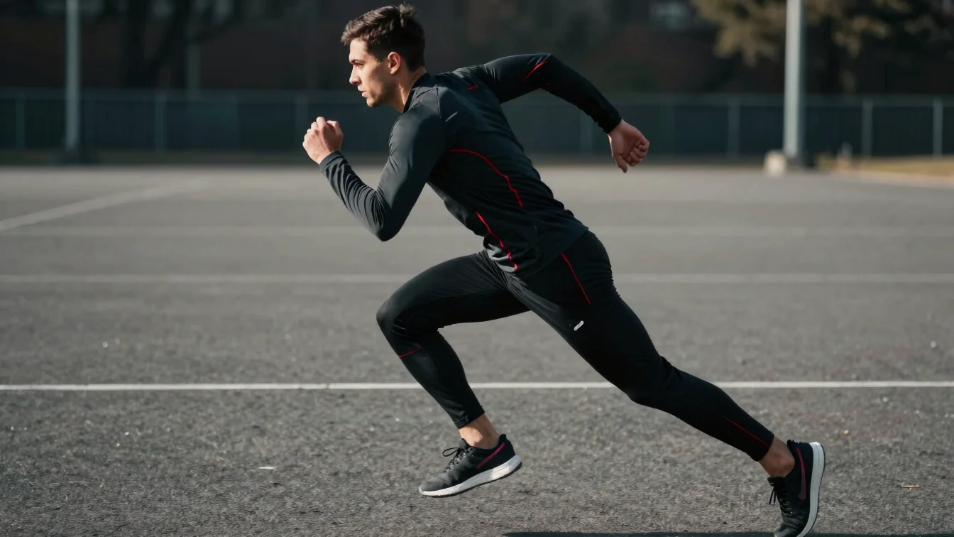 Dynamic outdoor action shot of an athlete in motion wearing dark