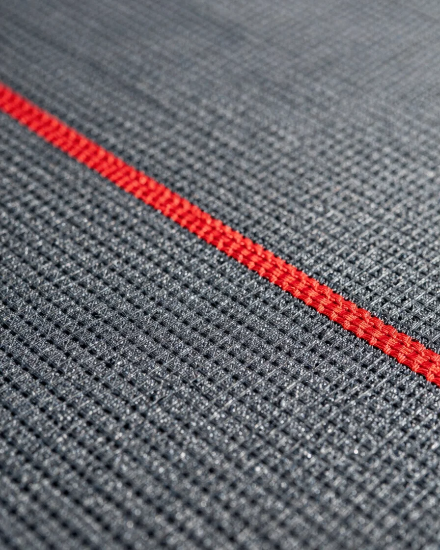 Macro close-up of a technical fabric weave, showing moisture-wicking properties, high-contrast dramatic outdoor daylight