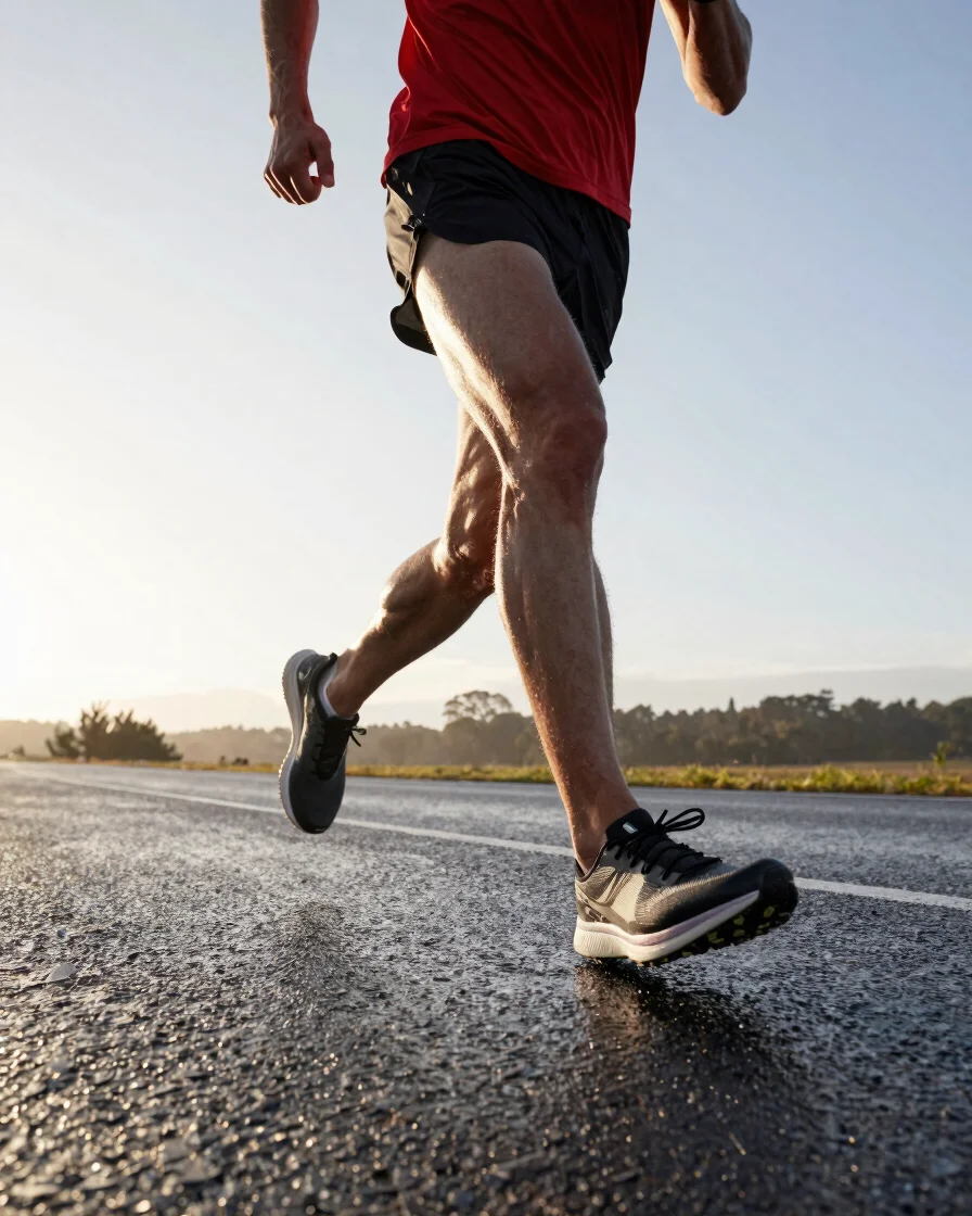 Dynamic low-angle shot of a competitive endurance athlete mid-stride on a wet slate road at dawn, sharp rim lighting, te